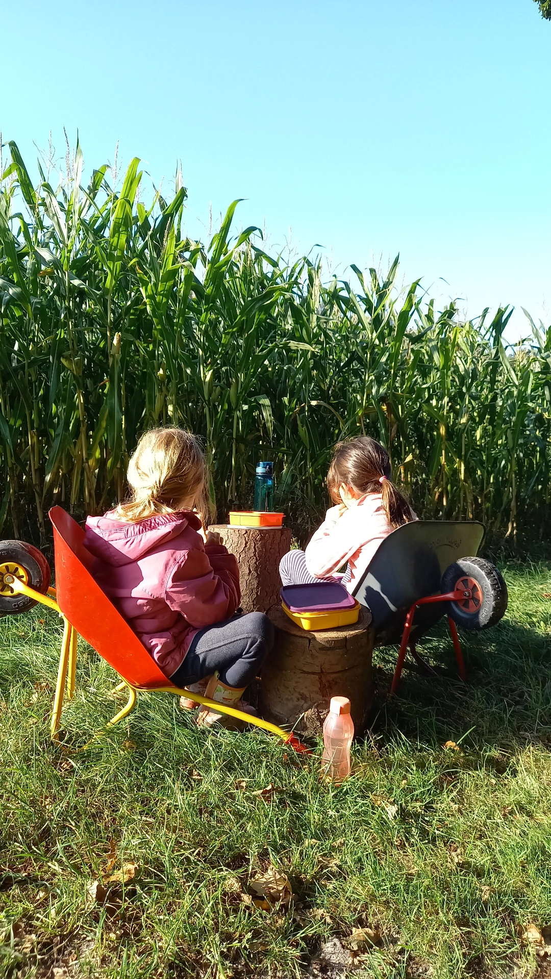 Kinder machen Pause in Schubkarre