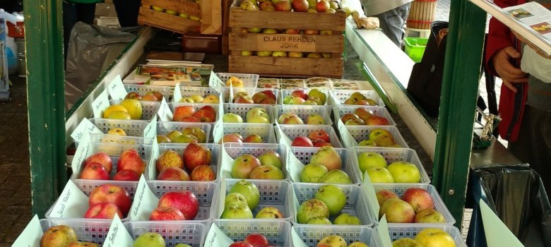 Ein Stand mit vielen verschiedenen Apfelsorten