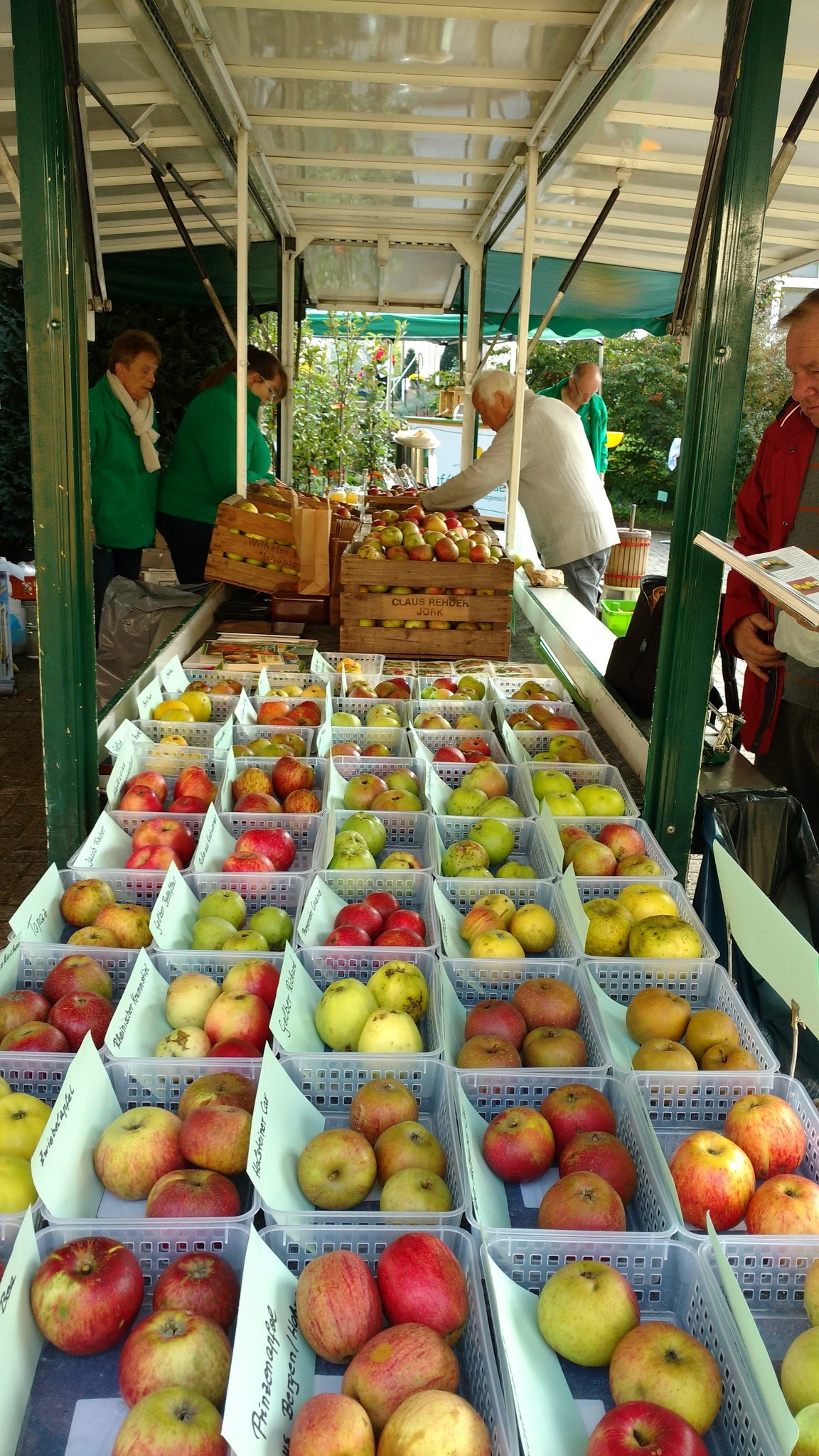 Ein Stand mit vielen verschiedenen Apfelsorten